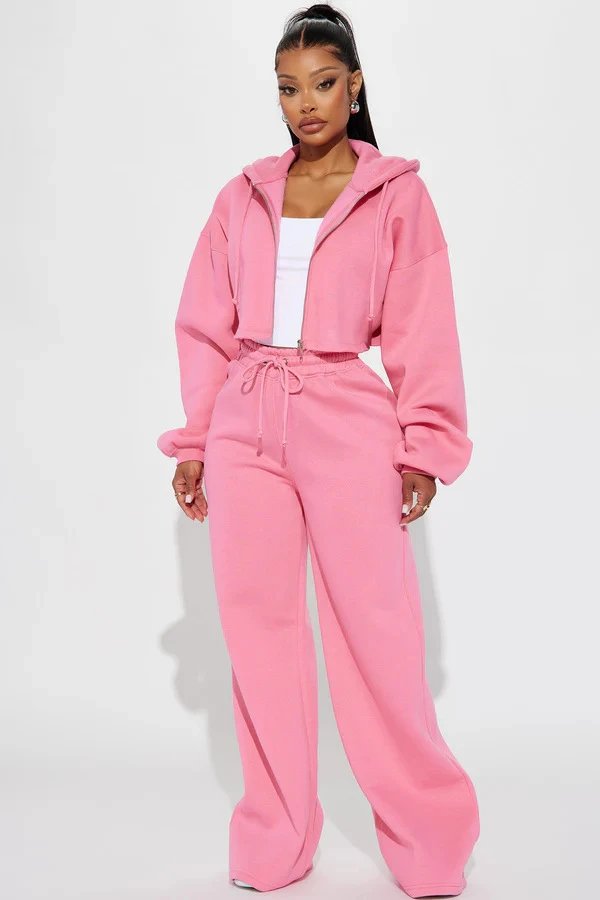 Design Cropped Hoodie and Wide-Leg Sweatpants Set in Light Gray - 8