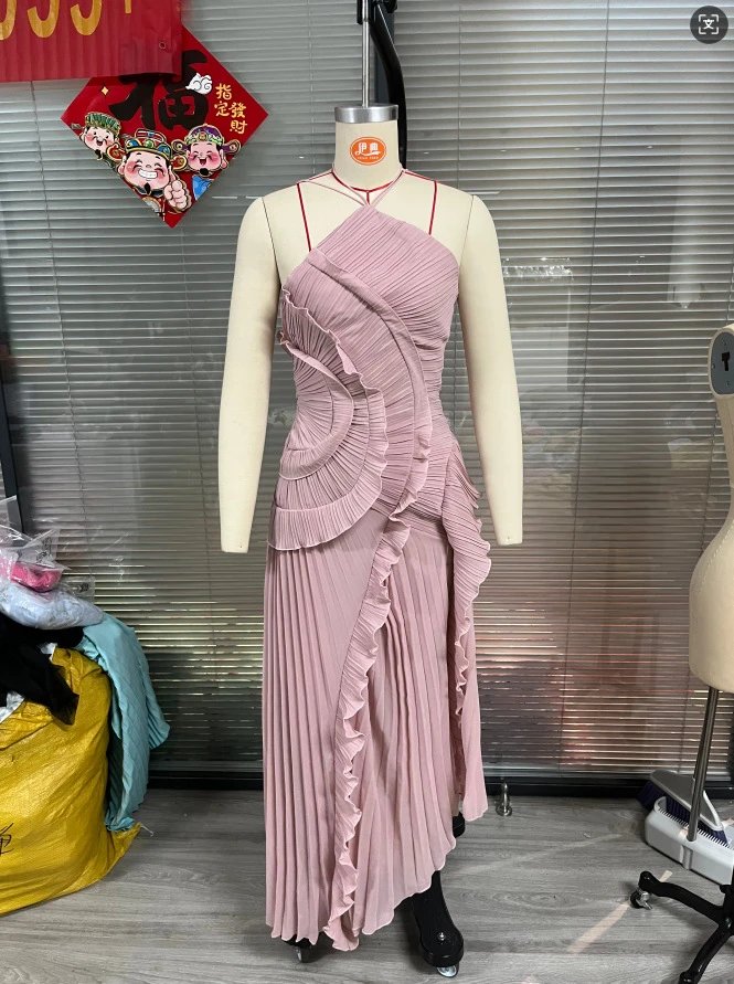 Design Pleated Asymmetrical Halter Dress Pink - 7