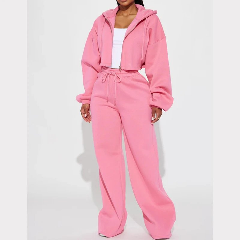 Design Cropped Hoodie and Wide-Leg Sweatpants Set in Light Gray - 11