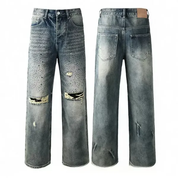 Design Distressed Rhinestone Embellished Wide-Leg Jeans - 1