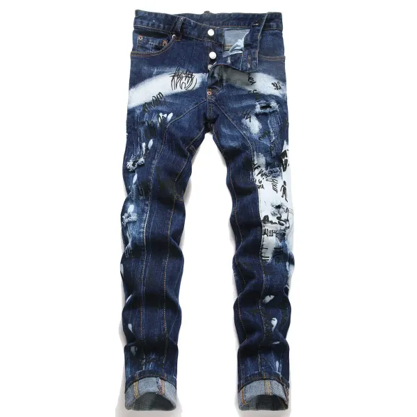 Design Distressed Graffiti Print Denim Jeans - 5