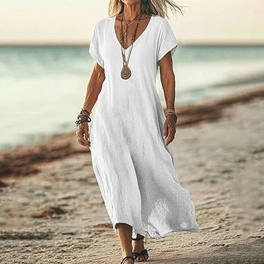 Design V-Neck Linen Maxi Dress Navy - 13