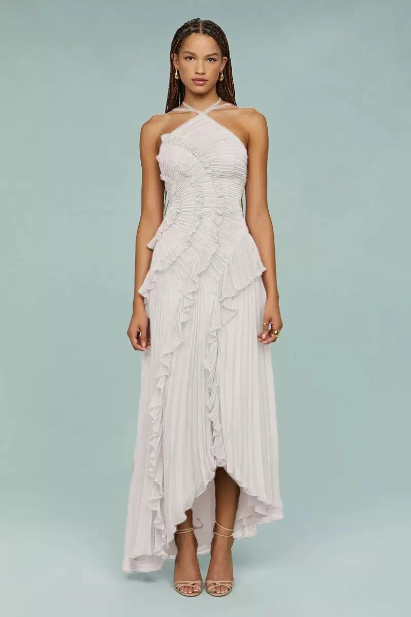 Design Pleated Asymmetrical Halter Dress Pink - 48