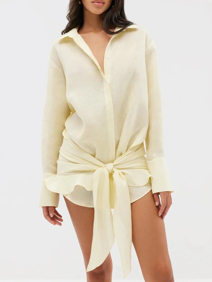 Design Off-White Style Linen Shirt and Ruffled Mini Skirt Set in Cream - 54
