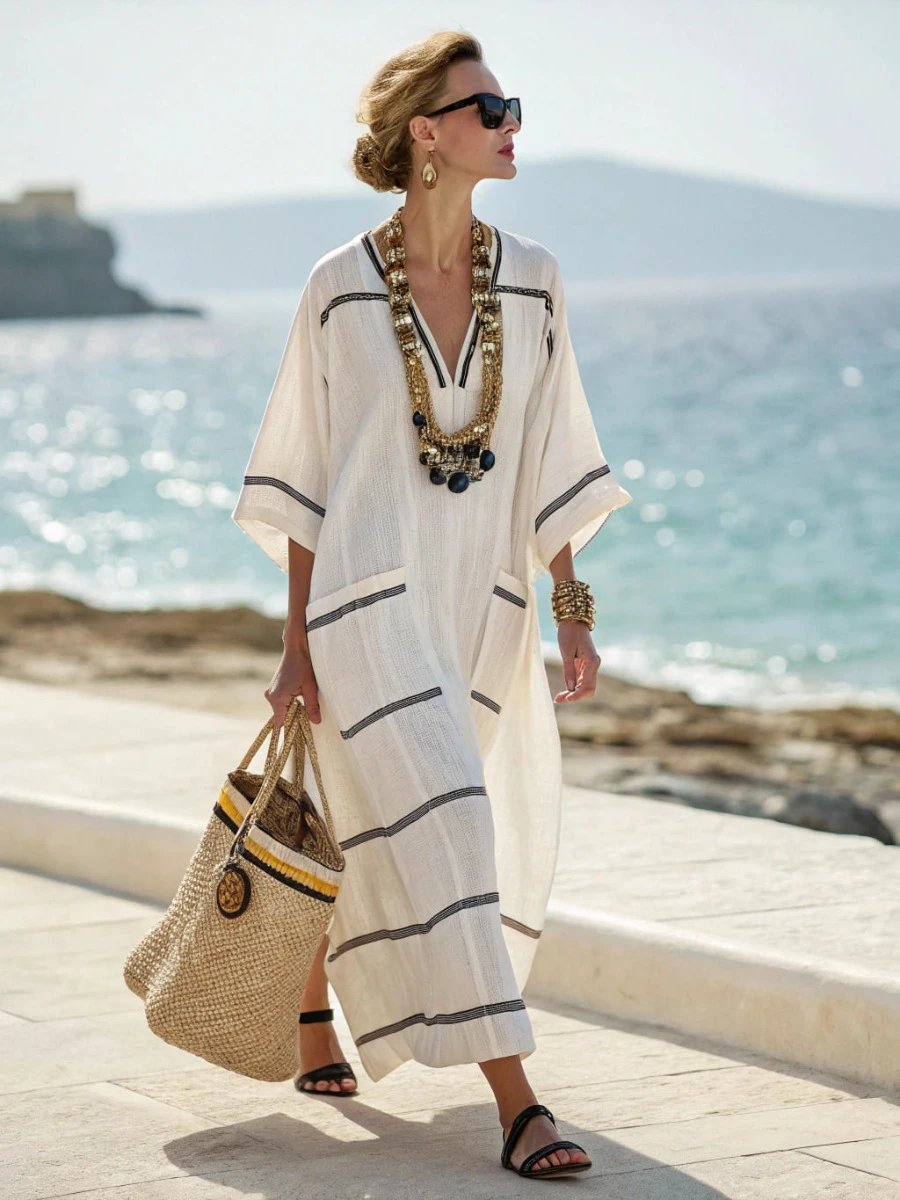 Design Striped Linen Maxi Dress White with Black Vertical Stripes - 7