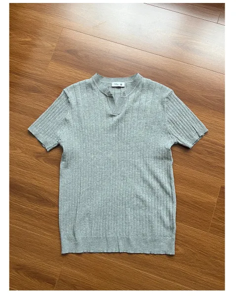 Design Ribbed Knit T-Shirt with Mandarin Collar Black - 12