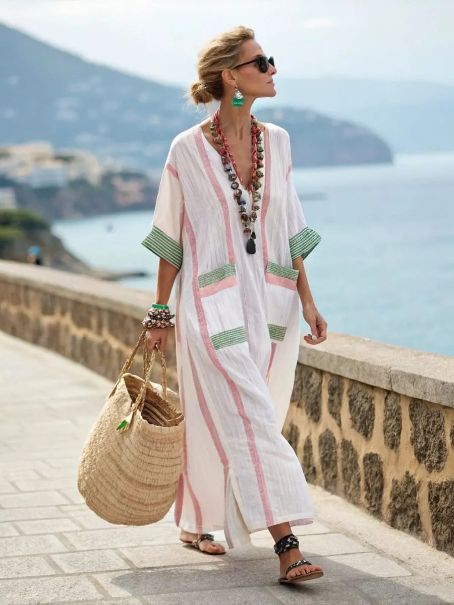 Design Striped Linen Maxi Dress White with Black Vertical Stripes - 18