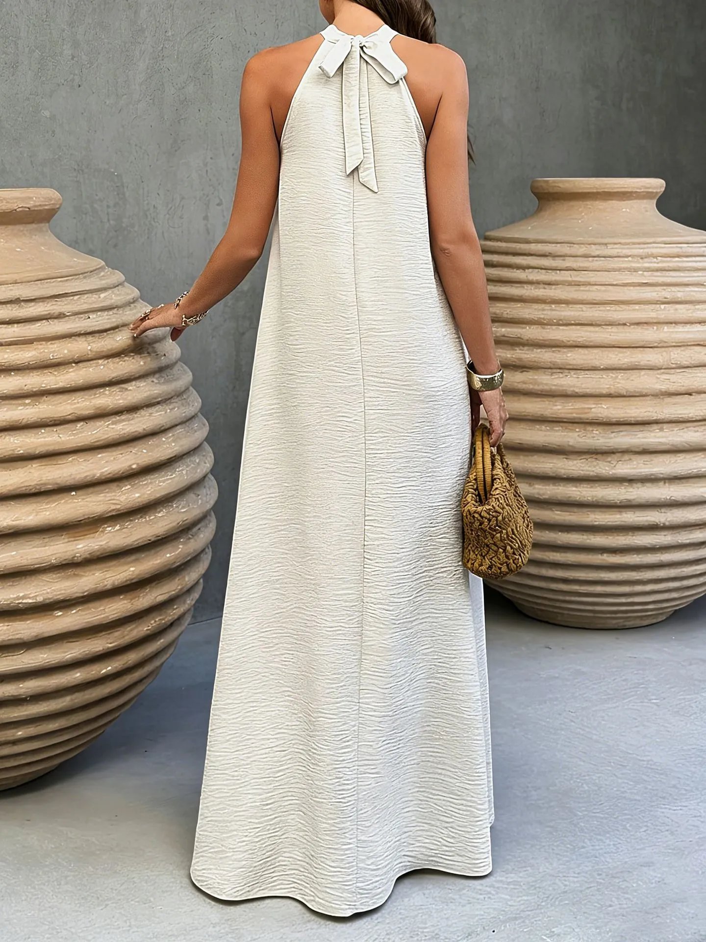 Design Halter Neck Crinkle Maxi Dress Beige - 10