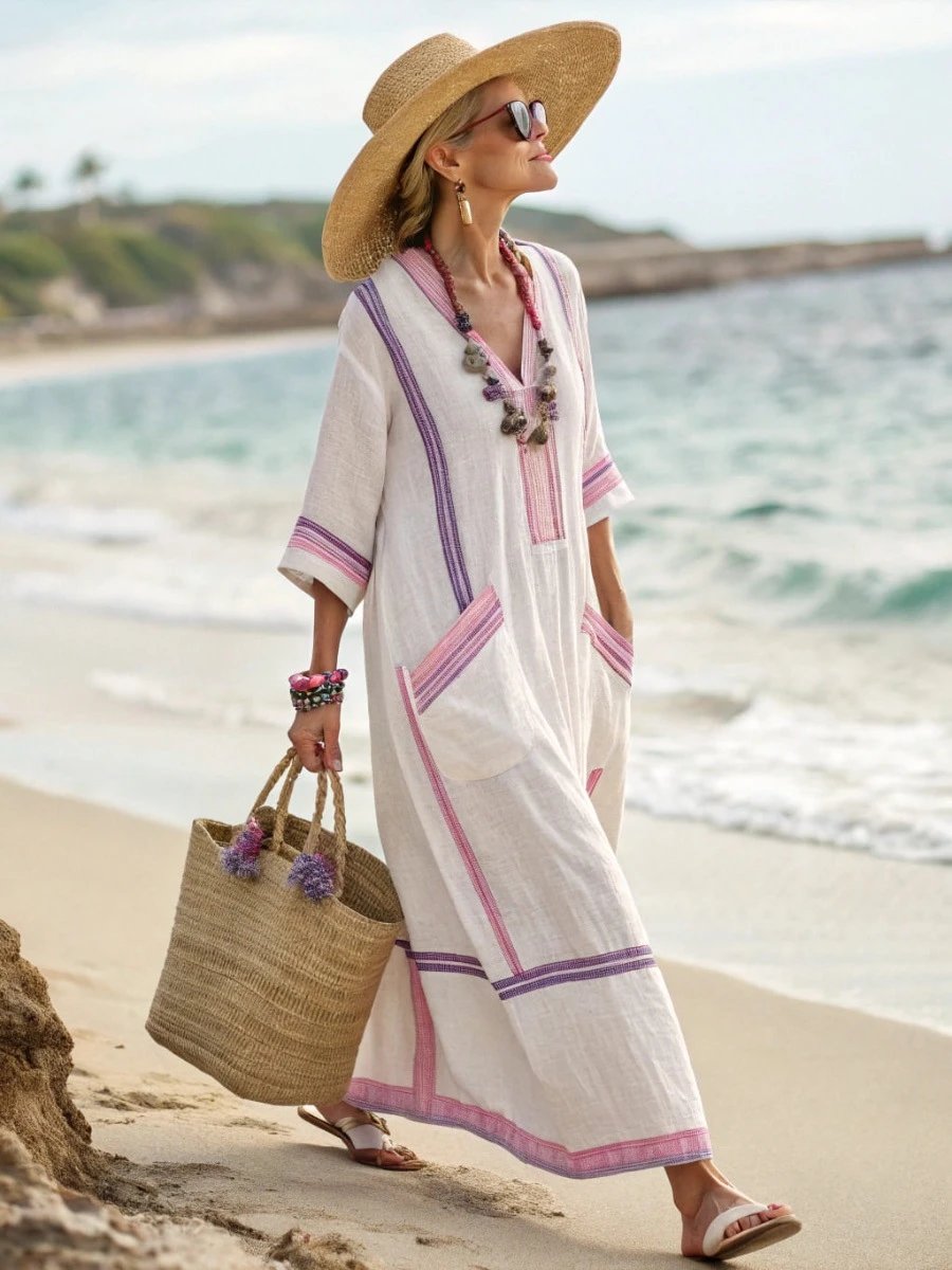 Design Striped Linen Maxi Dress White with Black Vertical Stripes - 17
