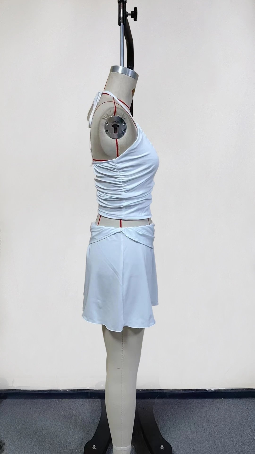 Design Halter Neck Cut-Out Crop Top and Pleated Mini Skirt Set in White - 6