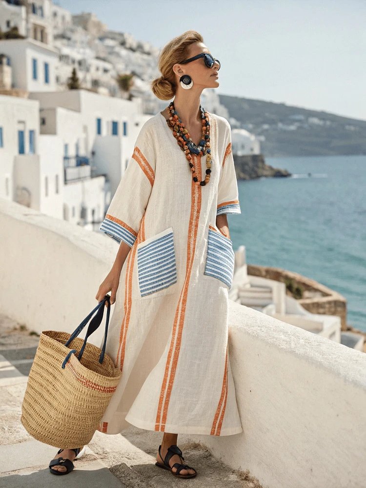 Design Striped Linen Maxi Dress White with Black Vertical Stripes - 28