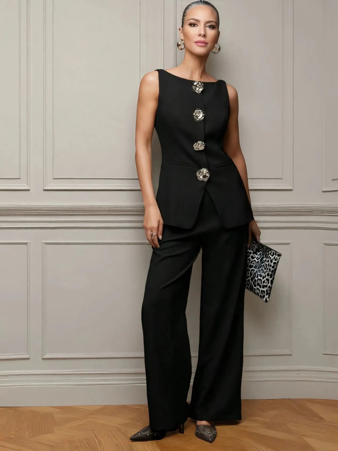 Design Burgundy Tailored Jumpsuit with Floral Buttons Women's Set - 13