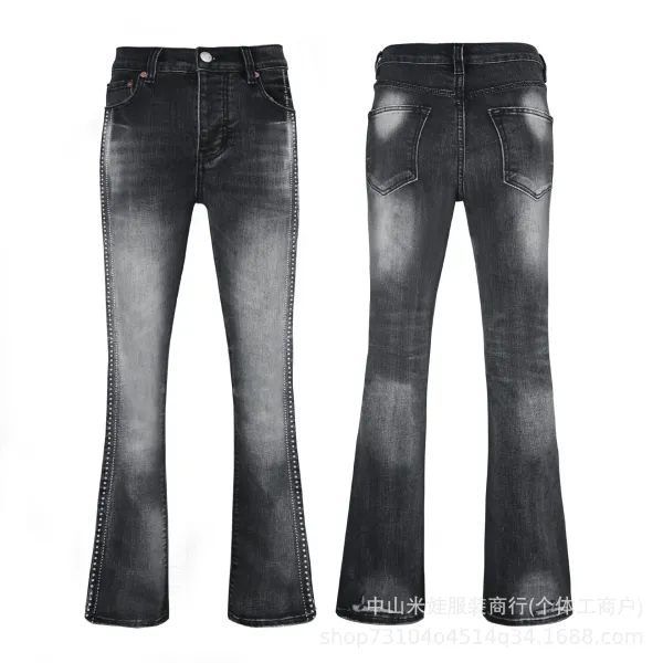 Design Flared Jeans with Stud Trim Black Washed Denim - 1
