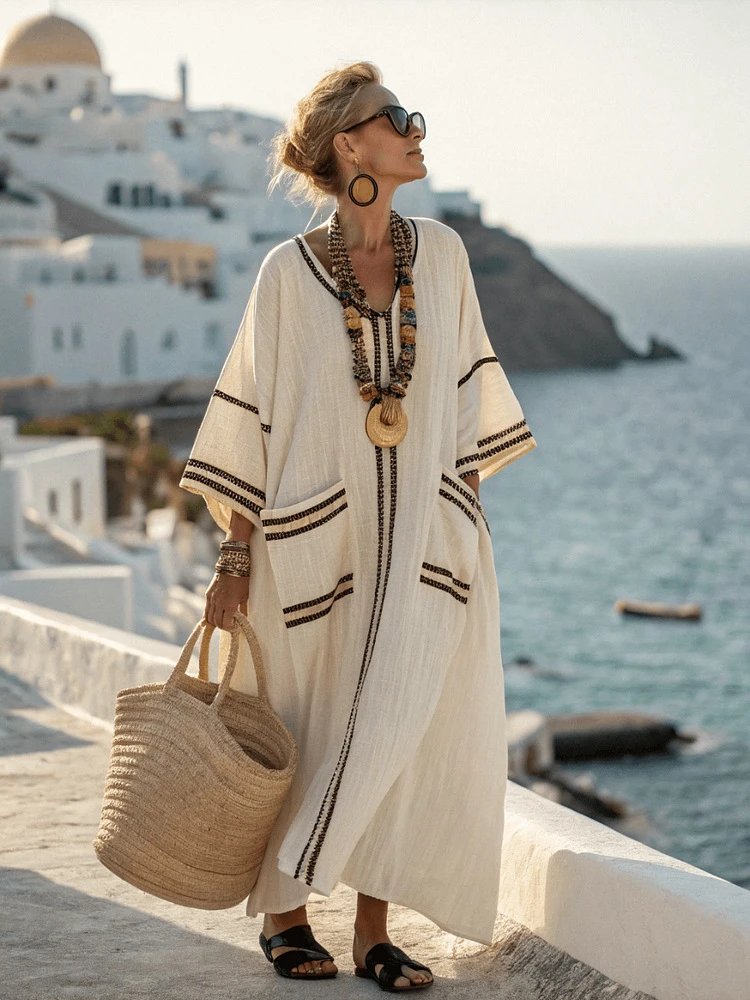 Design Striped Linen Maxi Dress White with Black Vertical Stripes - 34
