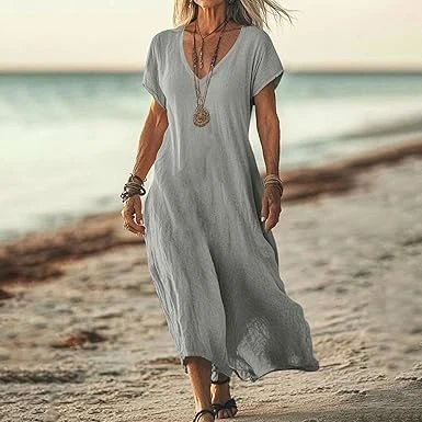 Design V-Neck Linen Maxi Dress Navy - 11