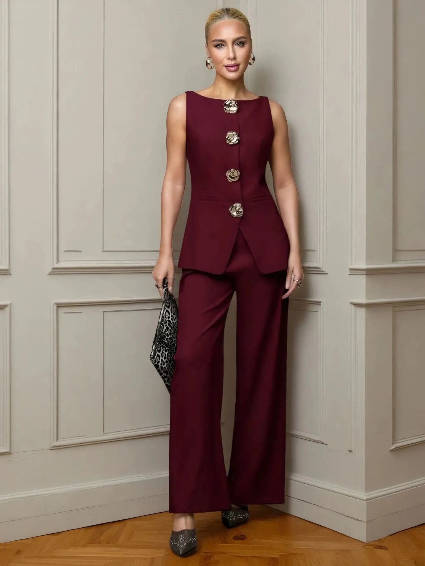 Design Burgundy Tailored Jumpsuit with Floral Buttons Women's Set - 24