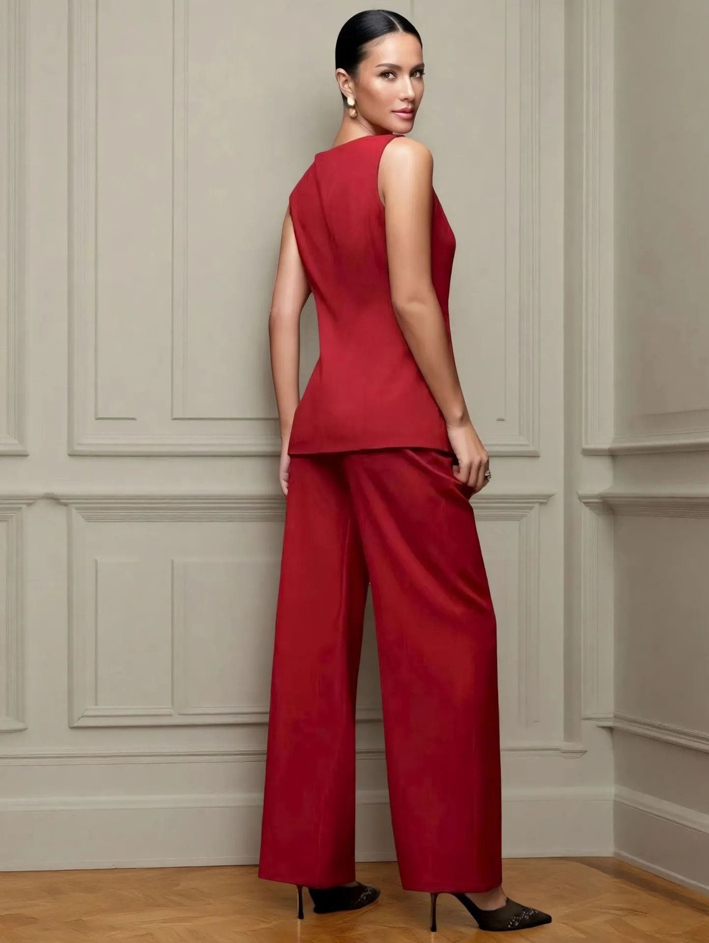 Design Burgundy Tailored Jumpsuit with Floral Buttons Women's Set - 36