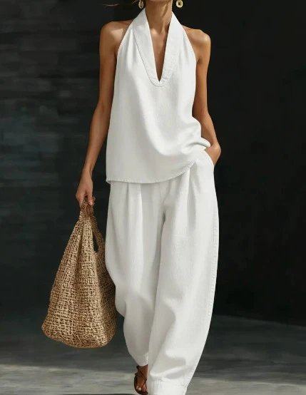 Design Halter Neck Top and Wide-Leg Pants Set White - 13