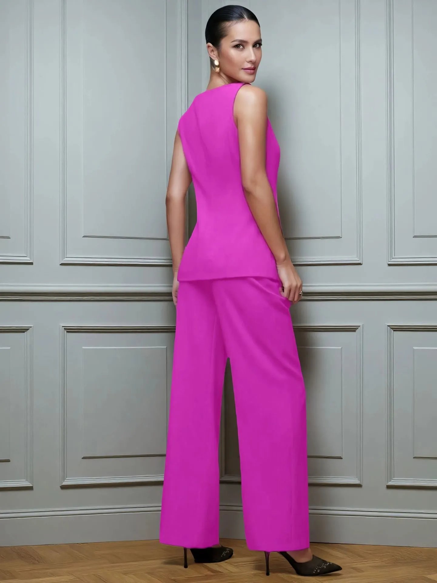 Design Burgundy Tailored Jumpsuit with Floral Buttons Women's Set - 39
