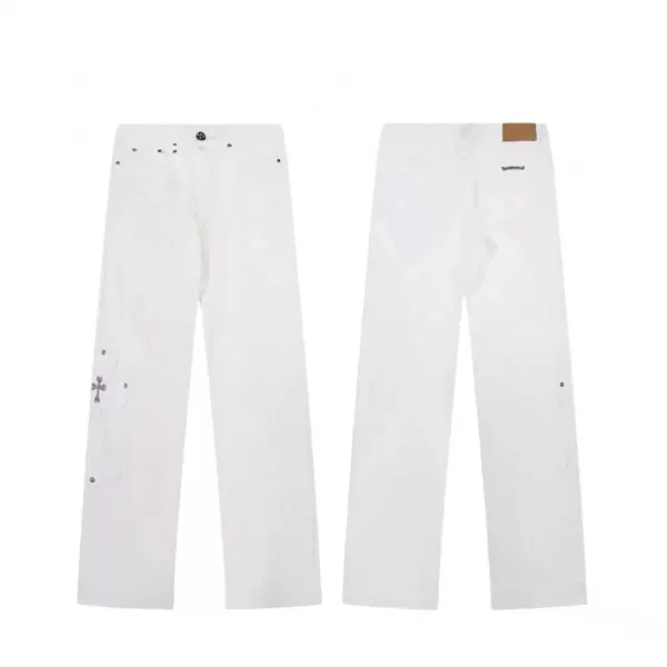 Chrome Hearts White Distressed Jeans with Cross Studs - 1