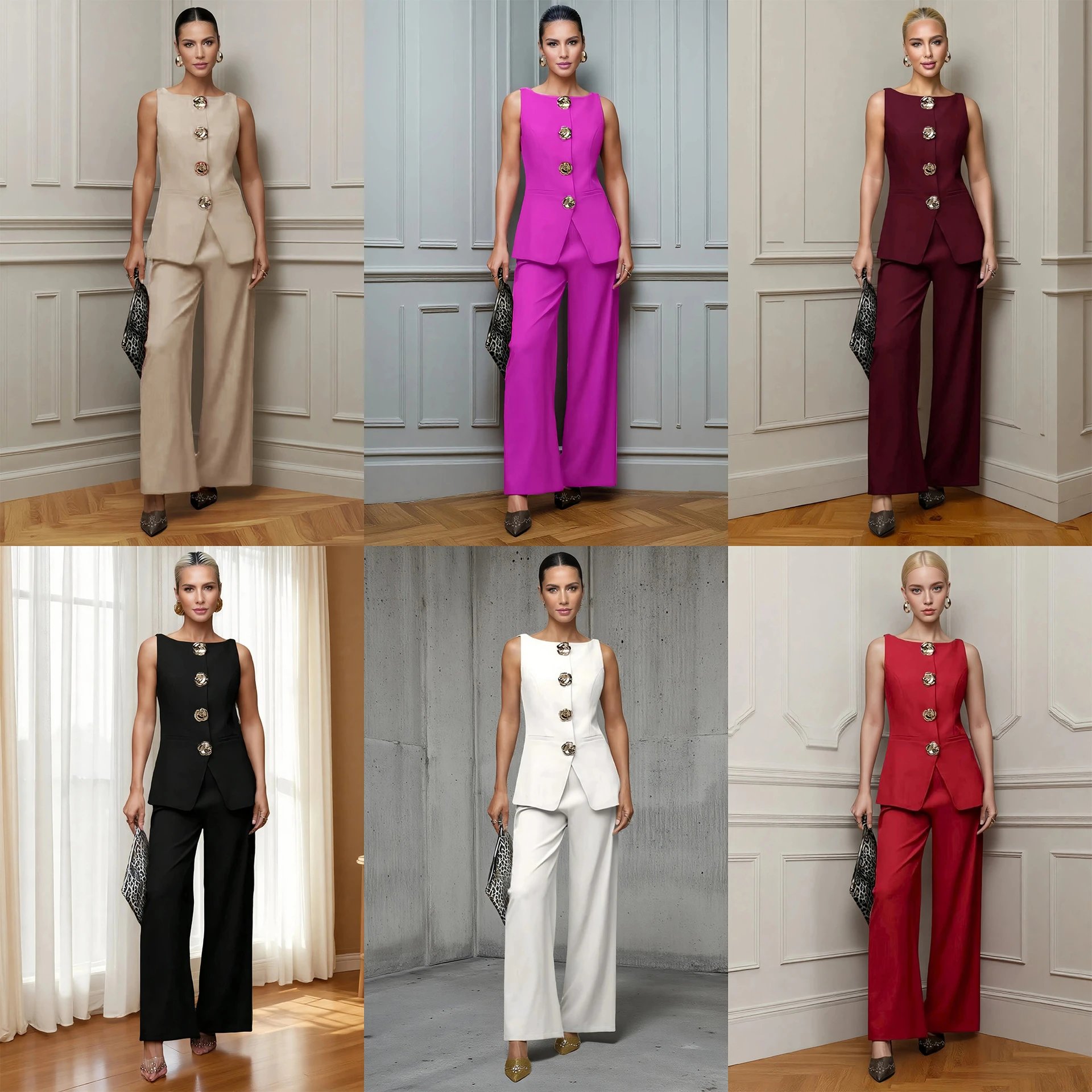 Women's Fashion Gold Button Vest and Pants Two-Piece Casual Set for Cross-Border E-Commerce