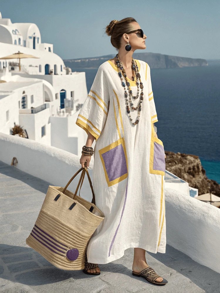 Design Striped Linen Maxi Dress White with Black Vertical Stripes - 21