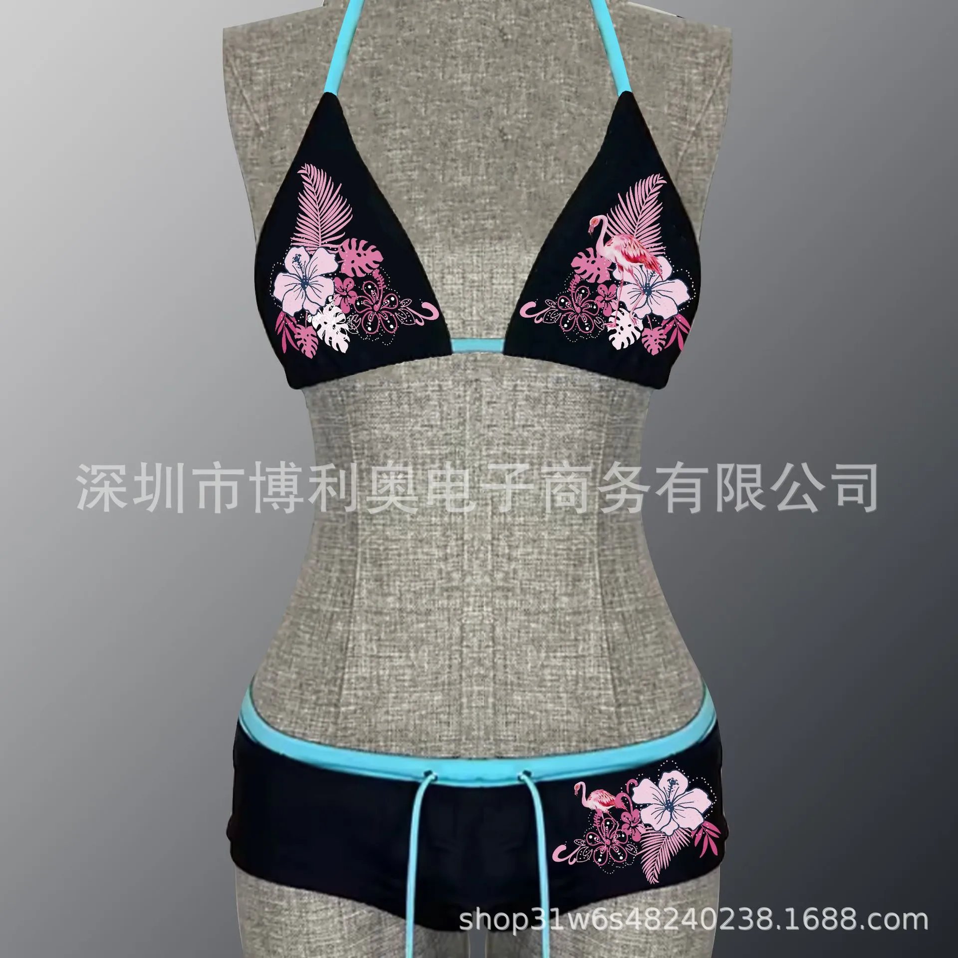 Design Tropical Flamingo Print Triangle Bikini Set Turquoise Swimwear - 7