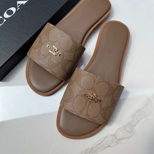 Coach Signature Slide Sandals Black with Gold Logo Slippers - 3