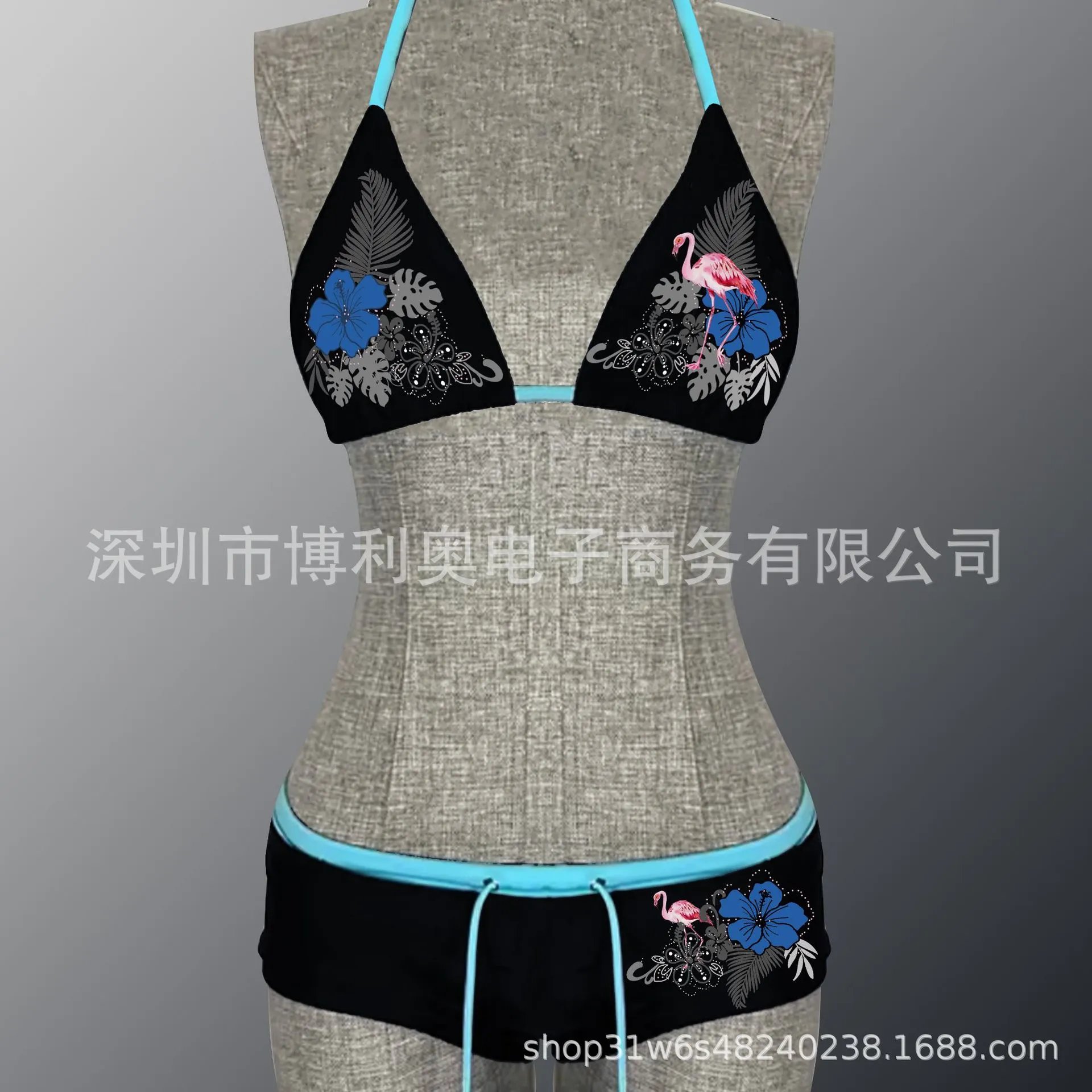 Design Tropical Flamingo Print Triangle Bikini Set Turquoise Swimwear - 10