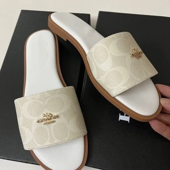 Coach Signature Slide Sandals Black with Gold Logo Slippers - 8