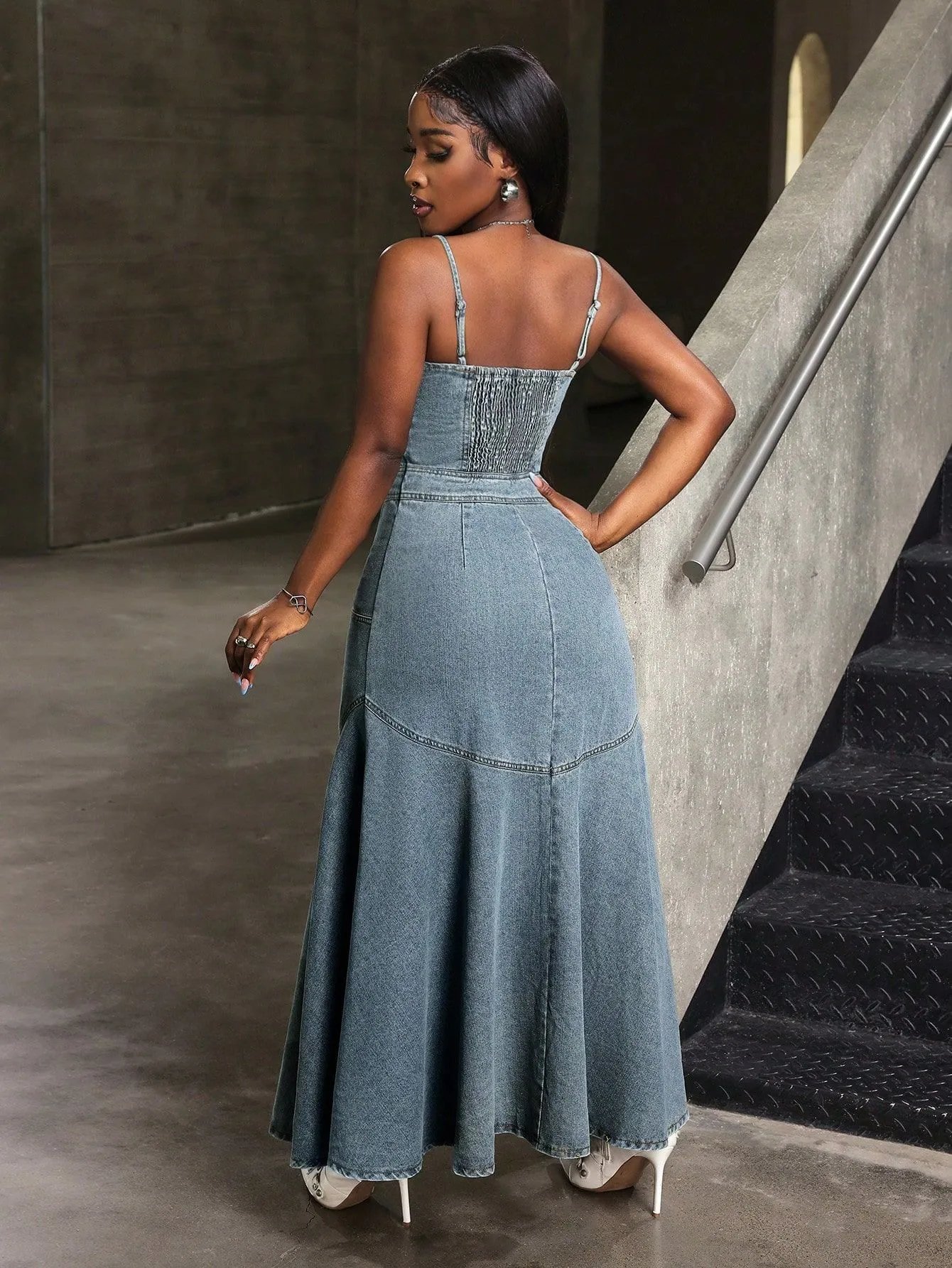 Design Denim Maxi Dress with Front Slit and Smocked Back Dress - 11
