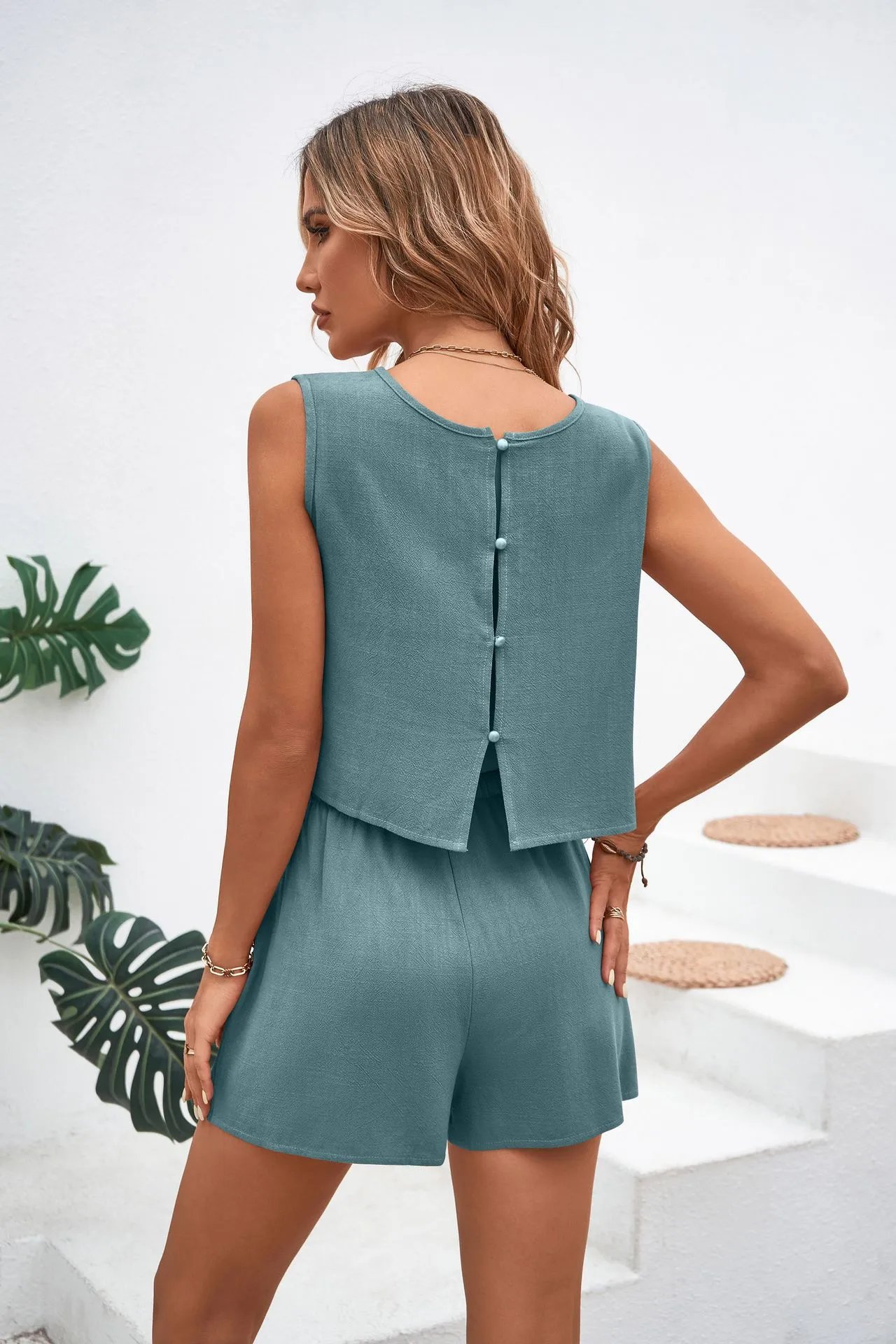 Design Sleeveless Cropped Top and Drawstring Shorts Set Teal Casual Set - 21