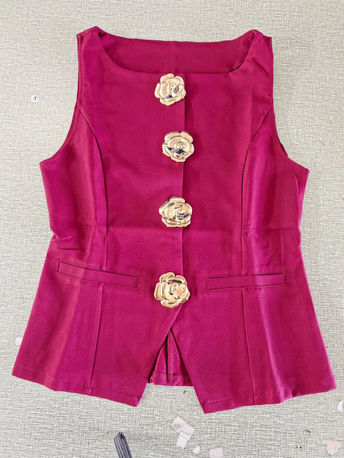 Design Burgundy Tailored Jumpsuit with Floral Buttons Women's Set - 11