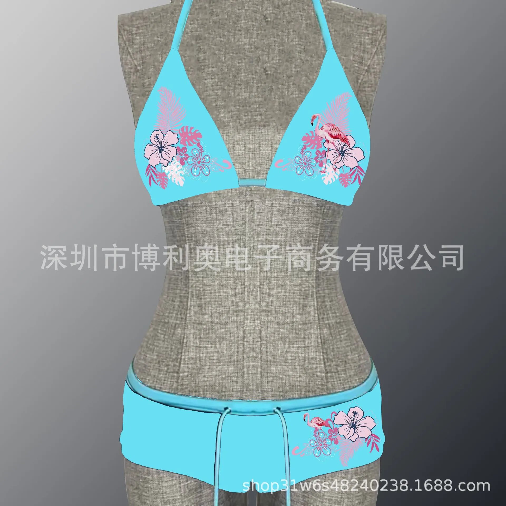 Design Tropical Flamingo Print Triangle Bikini Set Turquoise Swimwear - 14
