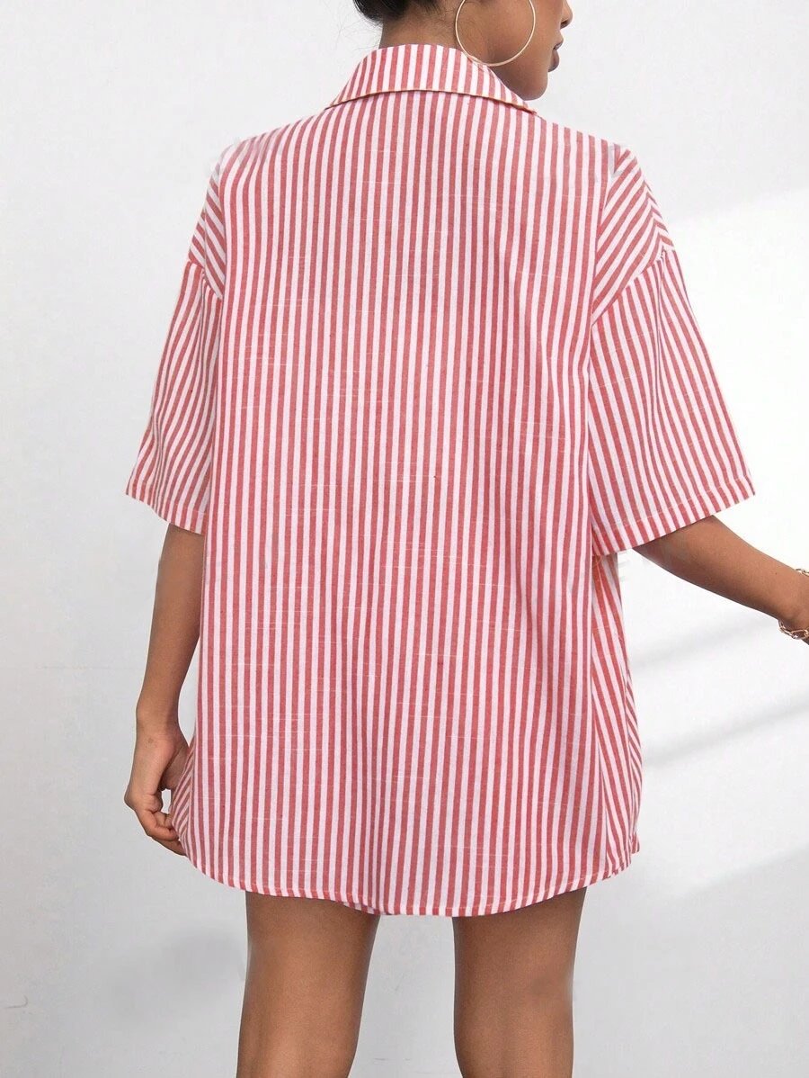 Design Pink and White Striped Oversized Shirt and Shorts Set - 9