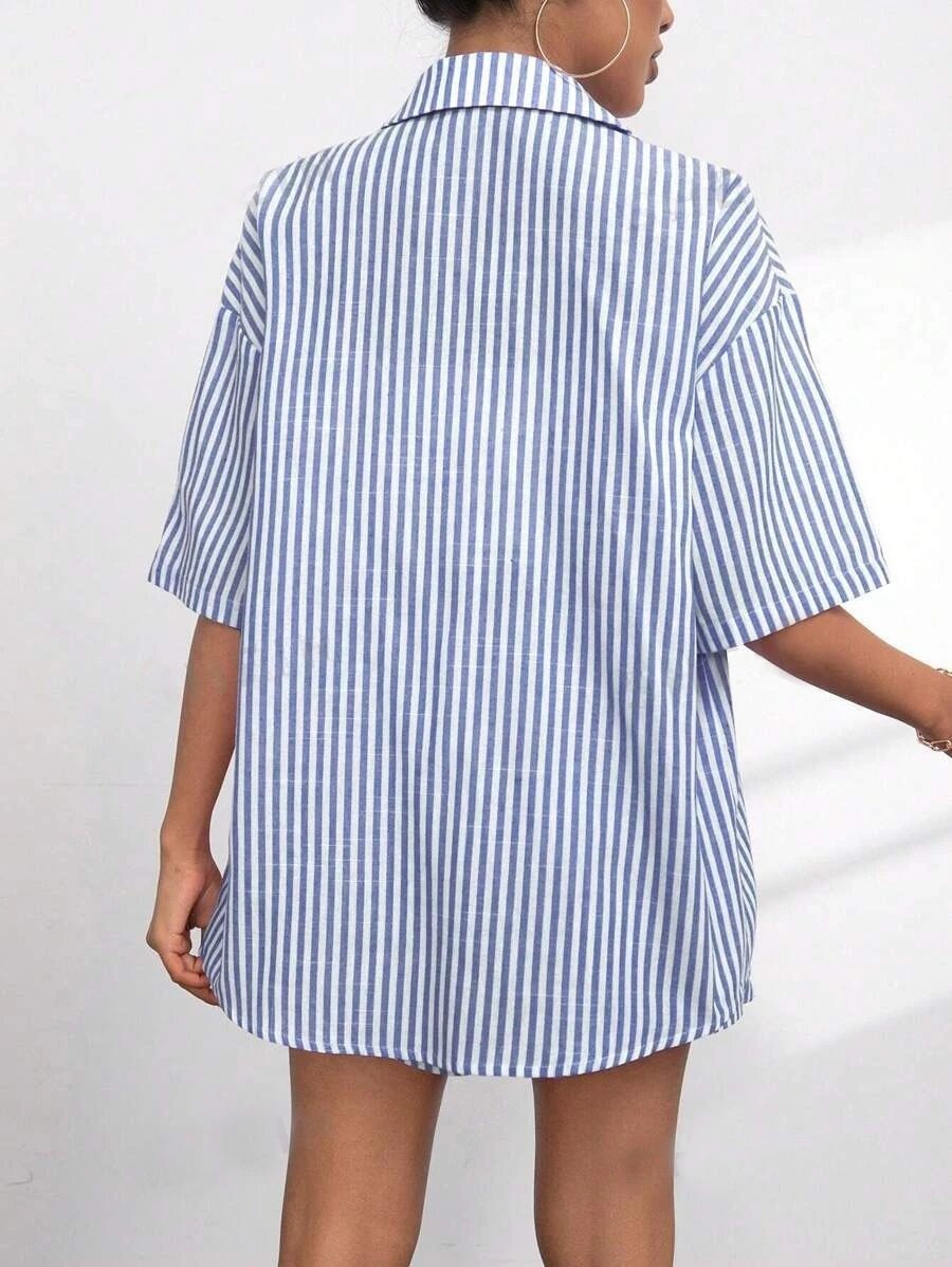 Design Pink and White Striped Oversized Shirt and Shorts Set - 13
