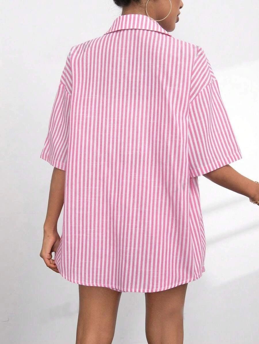 Design Pink and White Striped Oversized Shirt and Shorts Set - 17