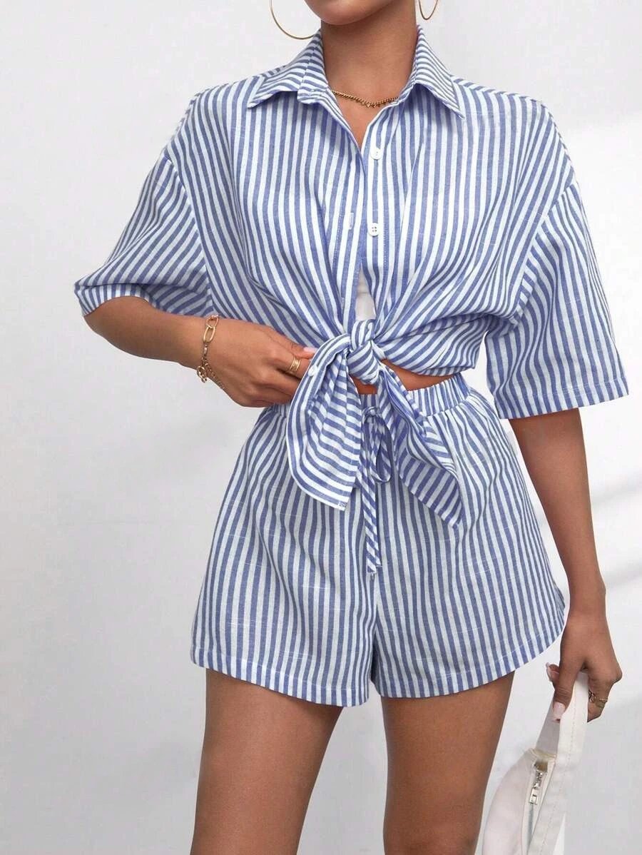 Design Pink and White Striped Oversized Shirt and Shorts Set - 12