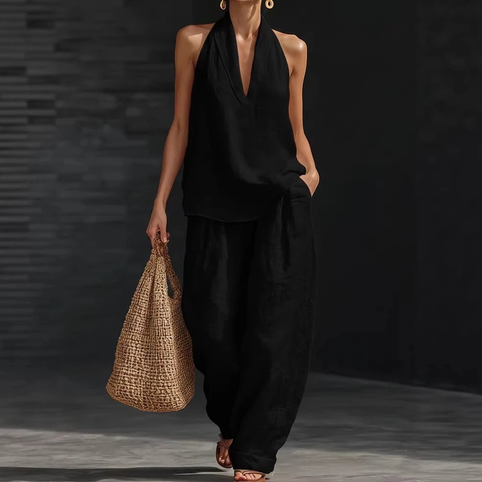 Design Linen V-Neck Sleeveless Top and Wide-Leg Pants Set in Lime Green - 11