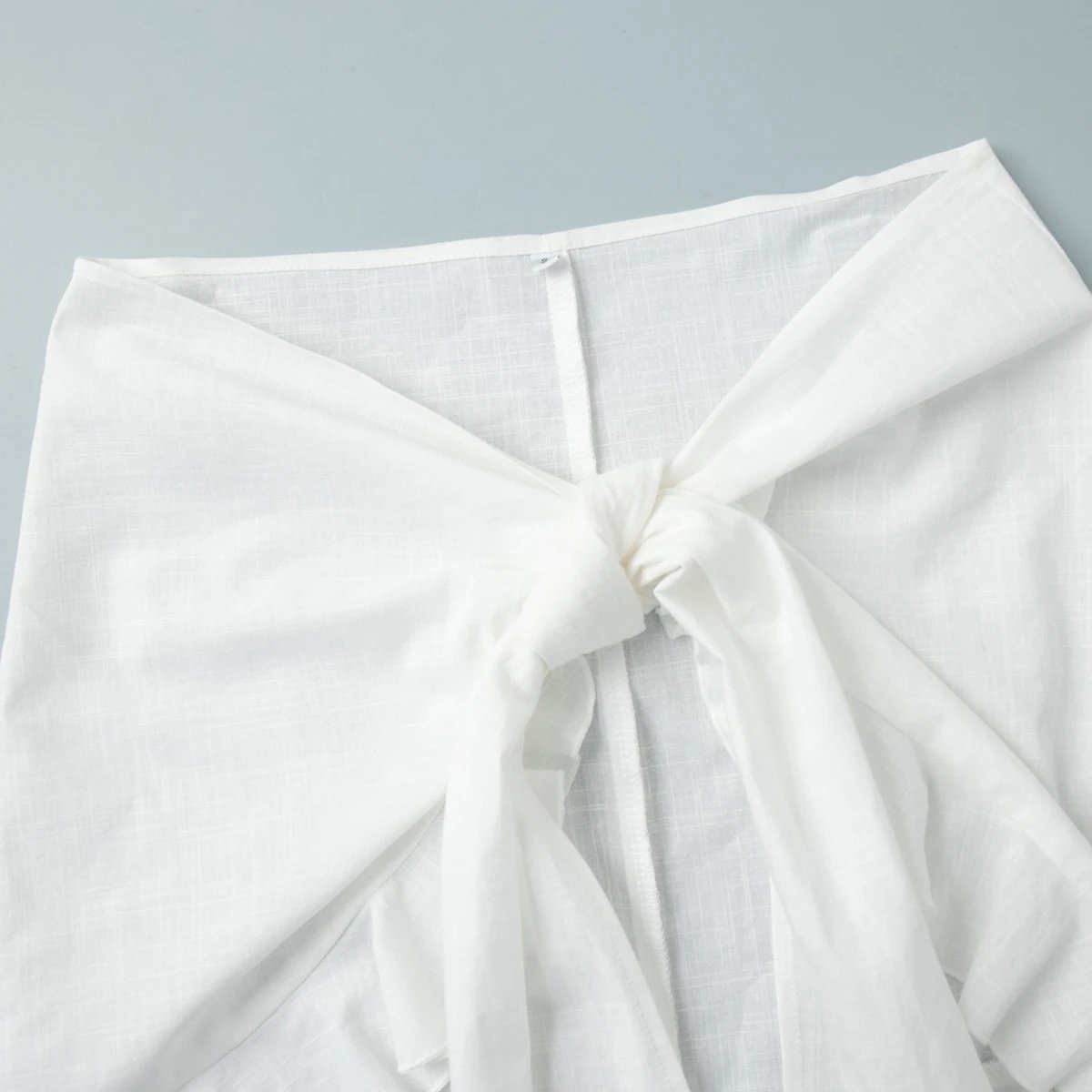 Design Off-White Style Linen Shirt and Ruffled Mini Skirt Set in Cream - 19
