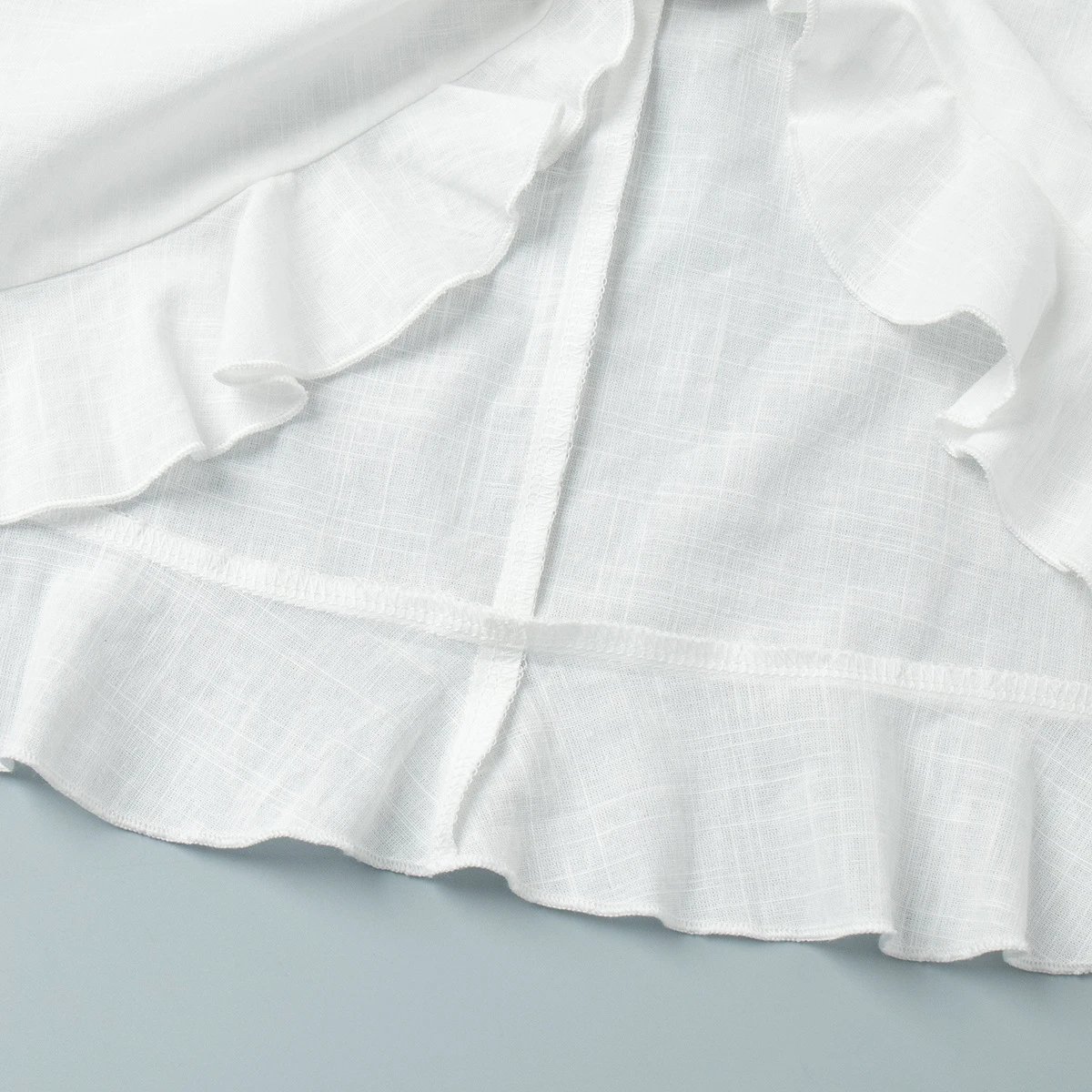 Design Off-White Style Linen Shirt and Ruffled Mini Skirt Set in Cream - 22