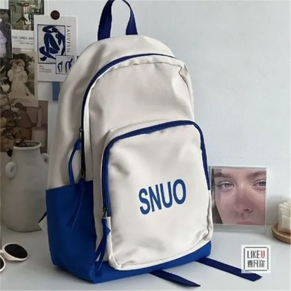 Design SNUO Logo Print Canvas Backpack White and Navy Backpacks - 1