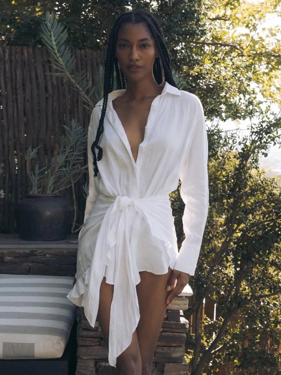 Design Off-White Style Linen Shirt and Ruffled Mini Skirt Set in Cream - 26