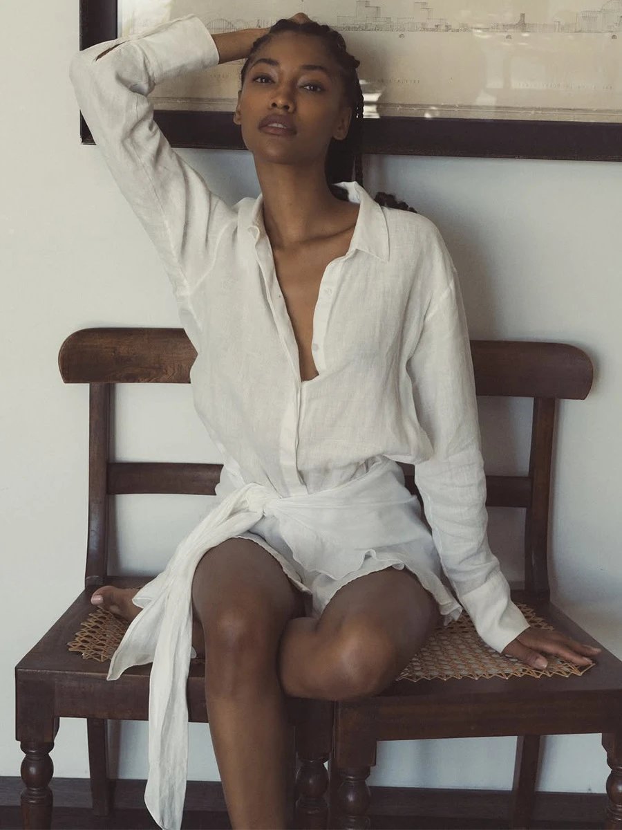 Design Off-White Style Linen Shirt and Ruffled Mini Skirt Set in Cream - 34