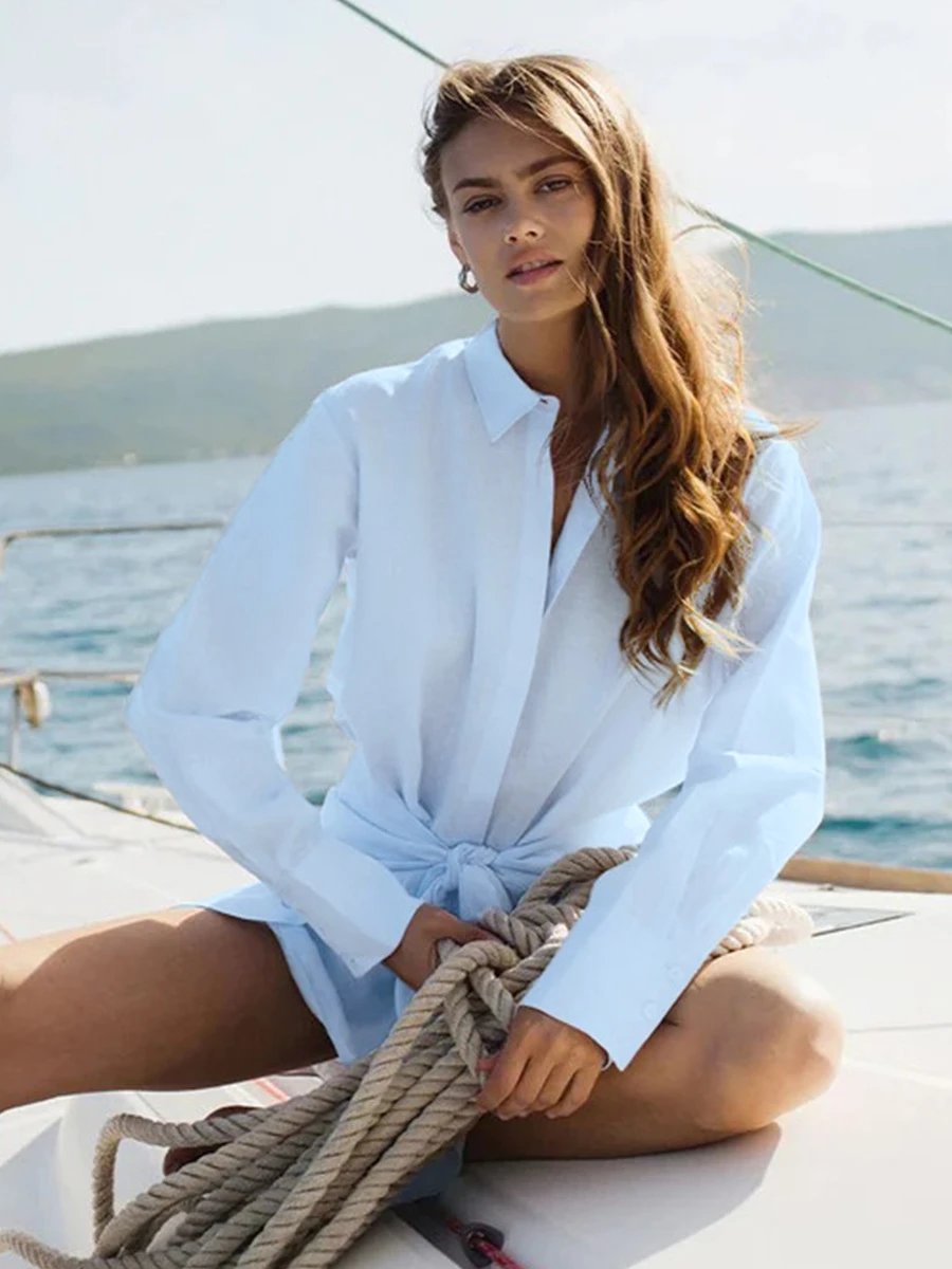 Design Off-White Style Linen Shirt and Ruffled Mini Skirt Set in Cream - 44