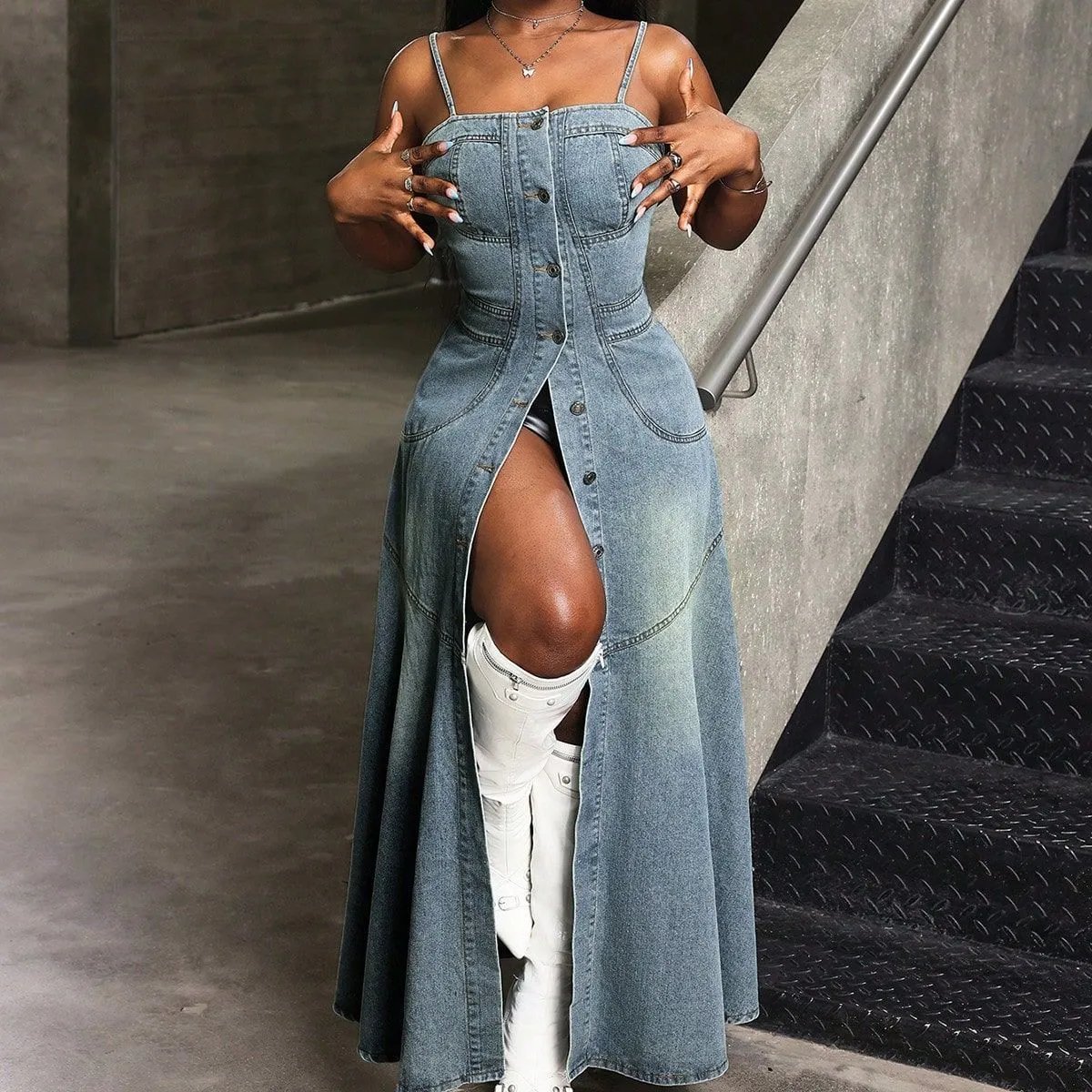 Design Denim Maxi Dress with Front Slit and Smocked Back Dress - 12
