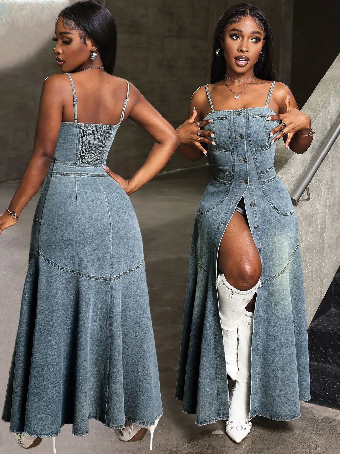 Design Denim Maxi Dress with Front Slit and Smocked Back Dress - 13