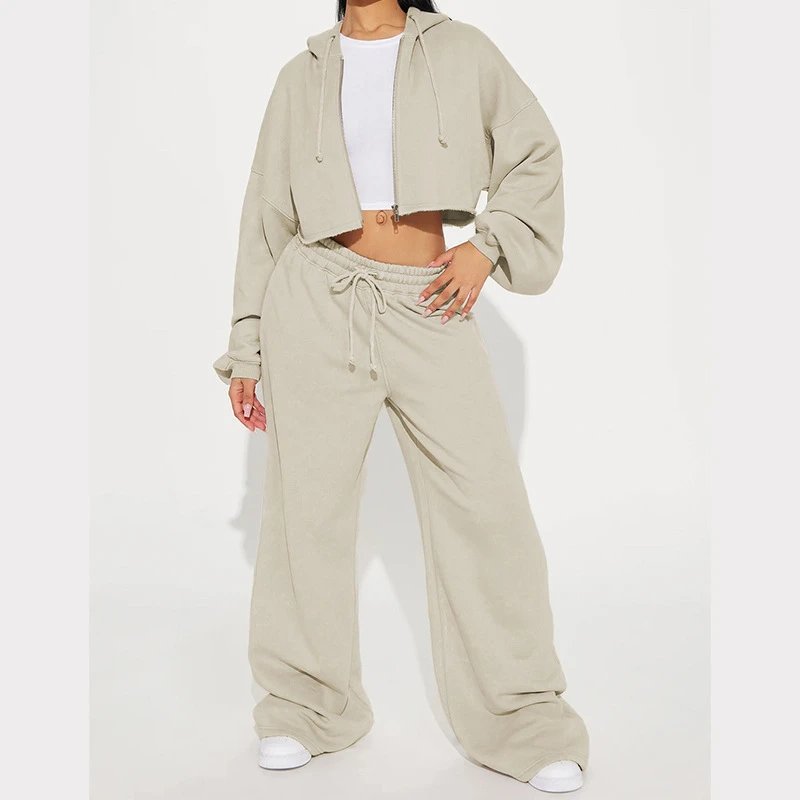 Design Cropped Hoodie and Wide-Leg Sweatpants Set in Light Gray - 34