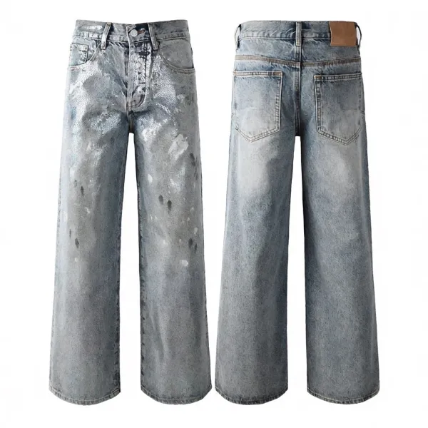Design Wide-Leg Distressed Silver Splatter Jeans - 1