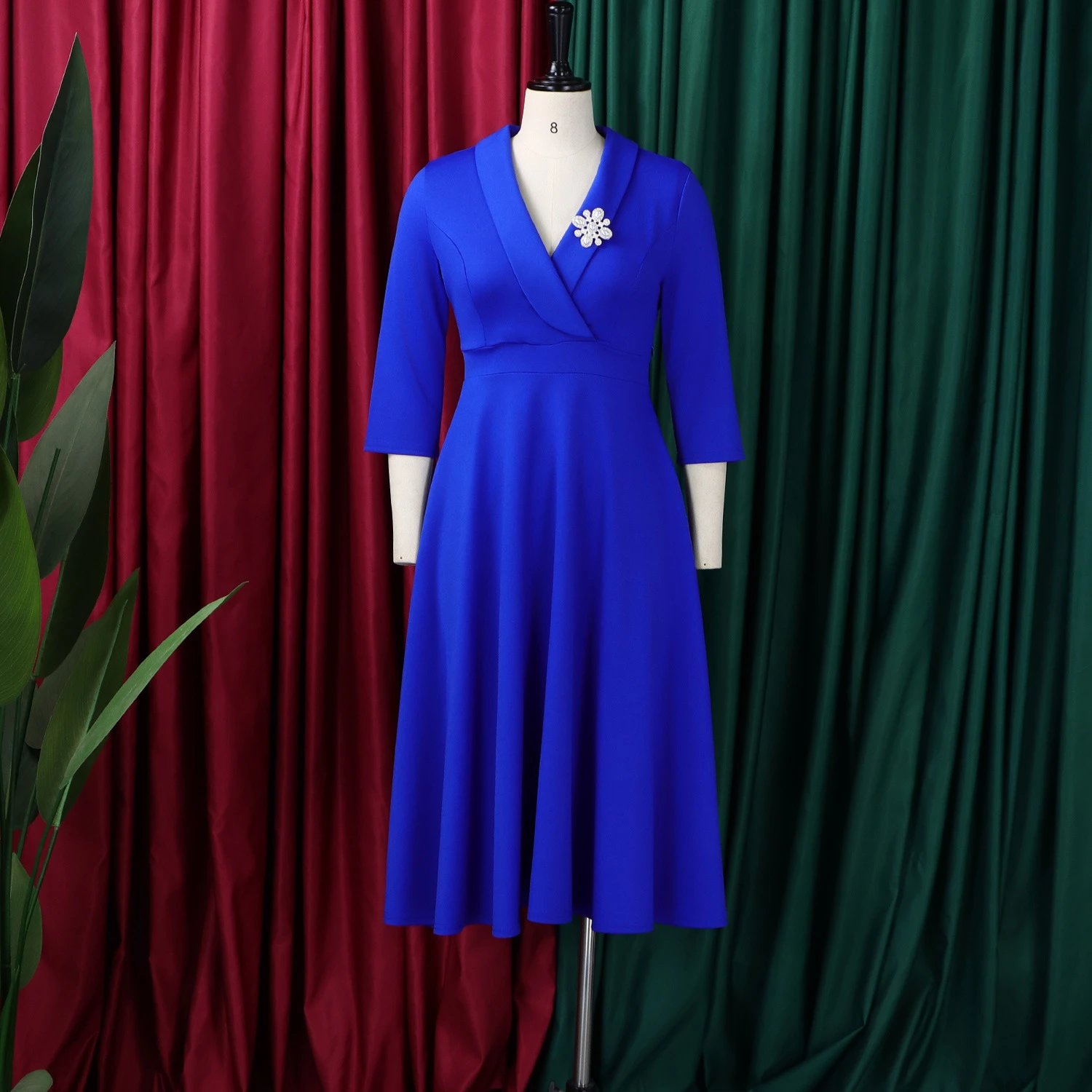Design Wrap Front Midi Dress with Pearl Brooch in Navy - 33